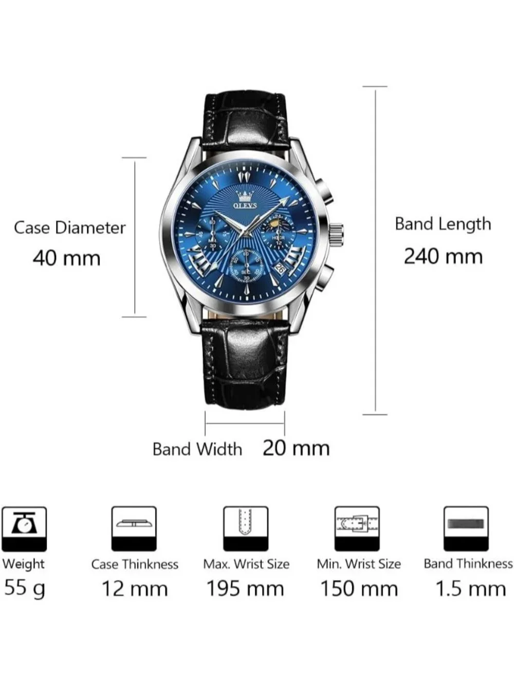 Men's Blue Leather Chronograph Watch Big Face Waterproof Date Luminous Watch